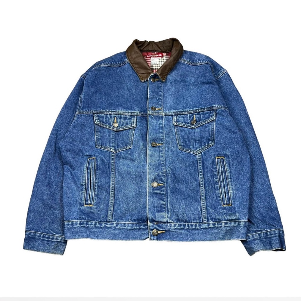 Blue Denim Jacket with Brown Collar
